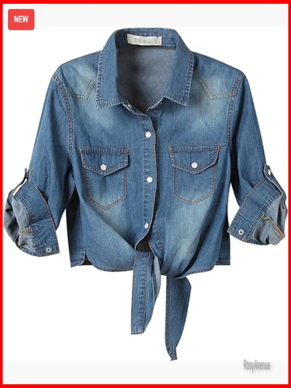 Button Down Crop Top Denim Shirt Blouse Chambray Long Sleeve Casual